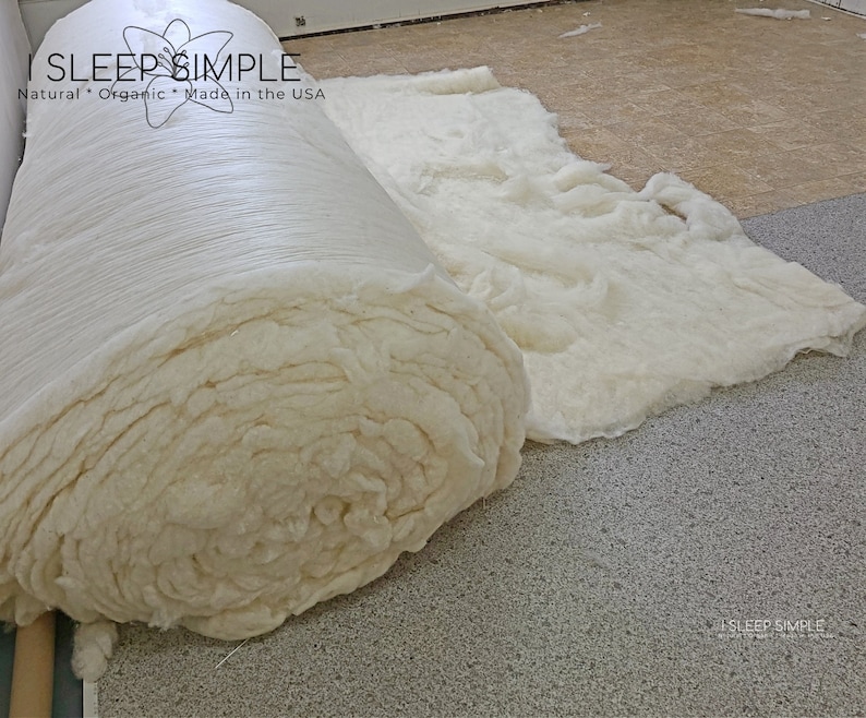 May include: A close-up of a large roll of white cotton batting, unfurled on a gray carpet. The roll is labeled "I SLEEP SIMPLE Natural * Organic * Made in the USA".