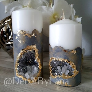 Concrete gray/gold geode candle set