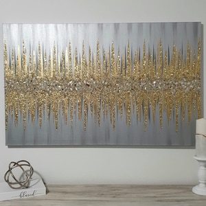 Silver and Gold Abstract Glitter Wall Art – Original Metallic Painting, Modern Glam Home Decor, Luxe Textured Art on Canvas