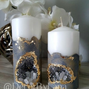 Concrete gray/gold geode candle set