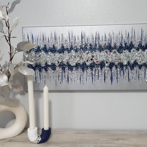 Navy Blue and Silver Abstract Glitter Wall Art – Modern Glam Painting with Crushed Glass