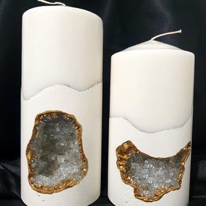 Concrete Ivory white and gold geode candle set