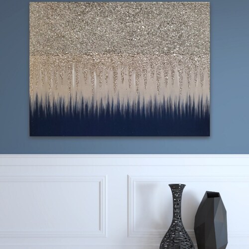 Original Navy Blue and Silver Abstract Glitter Art Etsy