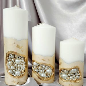 Concrete white/gold pearl candle set