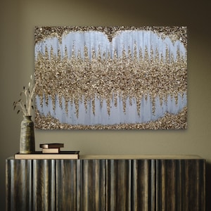 Glam Sound Wave Glitter Art – Silver & Gold Crushed Glass Painting, Modern Wall Decor