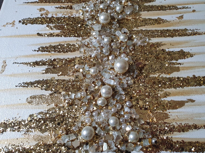 Original White and Gold Pearly Elegance abstract glitter art image 7