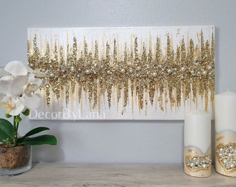 Original White and Gold  "Pearly Elegance" abstract glitter art