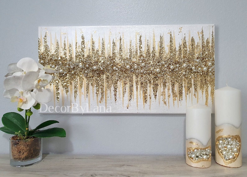 Original White and Gold Pearly Elegance abstract glitter art image 1