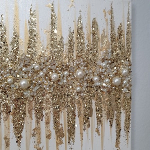 Original White and Gold Pearly Elegance abstract glitter art image 5