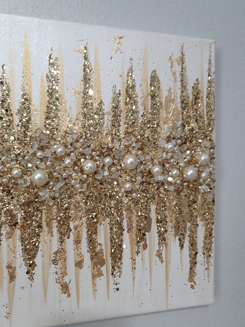 Original White and Gold Pearly Elegance abstract glitter art image 5