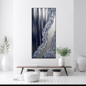 Original Navy Blue and Silver Textured Abstract Art
