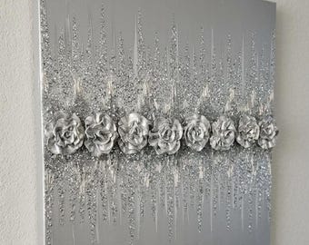 Silver Rosette Painting: 3D Floral Glitter Abstract Art
