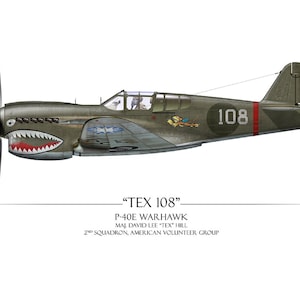 Può includere: Un'illustrazione di profilo laterale di un aereo P-40E Warhawk dipinto in verde oliva con un design a bocca di squalo sul muso. La fusoliera mostra il numero 108, una striscia verticale rossa e il testo TEX 108 P-40E WARHAWK MAJ. DAVID LEE TEX HILL.