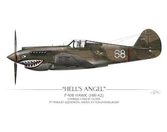 May include: A side-profile illustration of a P-40B Hawk fighter plane with olive and brown camouflage. The nose features a shark mouth design. Text reads: HELL'S ANGEL, P-40B HAWK (H81-A2), CHARLES 'CHUCK' OLDER, 3RD PURSUIT SQUADRON, AMERICAN VOLUNTEER GROUP.