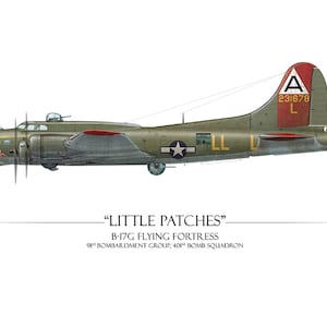 May include: A side view of a green and brown B-17G Flying Fortress bomber plane with the words "Little Patches" and "91st Bombardment Group, 400th Bomb Squadron" printed below. The plane has a red, white, and blue star on the side and the tail number "231678 L" on the tail.