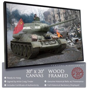 T-34 Soviet Tank - Konev's Approach to Berlin - 30"x20" Canvas | INCLUDES: Brass Shell Casing