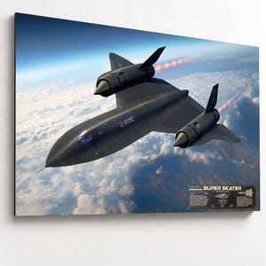 May include: A black SR-71 Blackbird aircraft flying above clouds with visible engine exhaust trails. The fuselage features the text U.S. AIR FORCE. A rectangular information plaque in the bottom right corner displays the text SUPER SKATER.