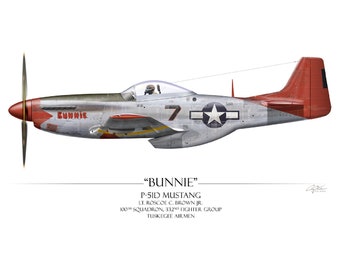 May include: A side-view illustration of a P-51D Mustang aircraft named BUNNIE, featuring a silver body with red tail and nose accents, a black number 7, and a pilot in the cockpit. Text below identifies the aircraft, pilot, and squadron.