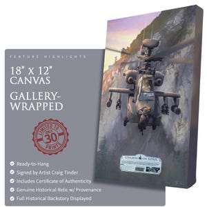 May include: An 18" x 12" gallery-wrapped canvas print featuring a detailed illustration of a military helicopter in flight over a mountainous landscape. The artwork is signed by artist Craig Tinder and includes a certificate of authenticity. The print is ready to hang.