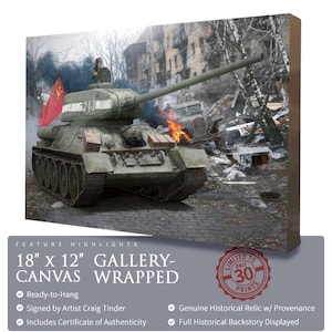 T-34 Soviet Tank - Konev's Approach to Berlin - 18"x12" Canvas | INCLUDES: Brass Shell Casing