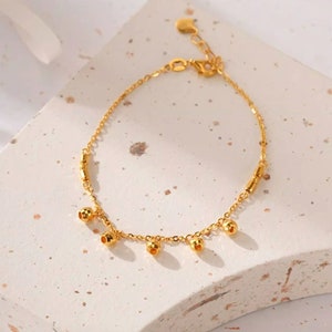 24k Solid Gold 5G beads charm pendant Bracelet Minimal Minimalist Simple BFF bridesmaid Gift Bridal KE