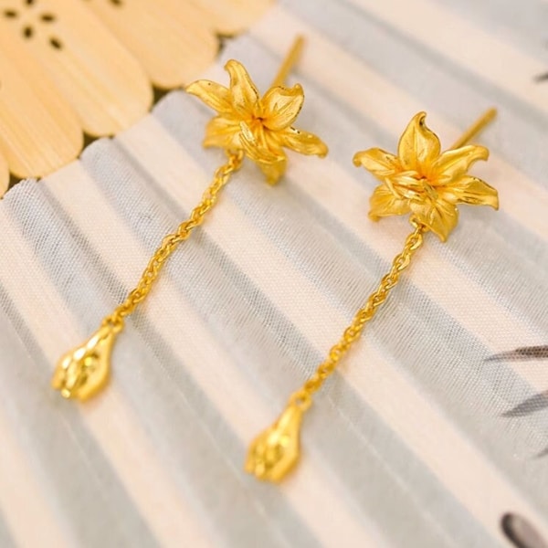 24k 999 real gold flower dangle drop summer style Stud Earring Simple HM