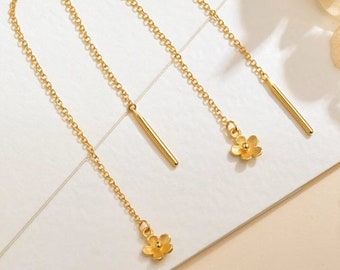 24k 999 real Gold Flower Cherry Blossom threader dangle drop Earring Dainty Charm Minimal Style Simple line HM