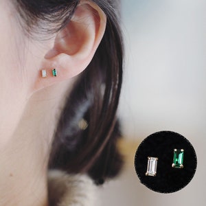 Clearance IN STOCK 14K Solid Gold Stud Earring Green Emerald Jewelry Crystal Rectangle Minimalist Wedding Bridesmaid Bride Gift chic