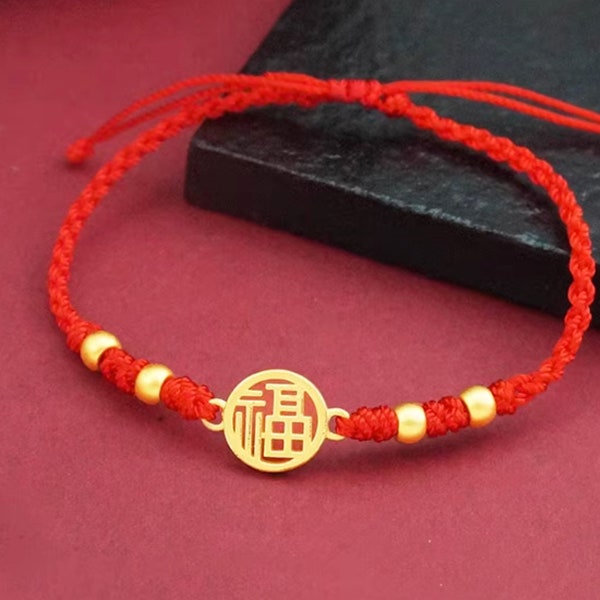 24K 3D Solid Gold Chinese Font luck lucky charm Fu Red Cord adjustable Bracelet Jewelry Minimal Simple Style Minimalist chic YN