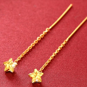 24k 99.9% 999 Solid Gold Chain star Dangle Drop Earring Dainty Charm Minimal Style Simple line threader D