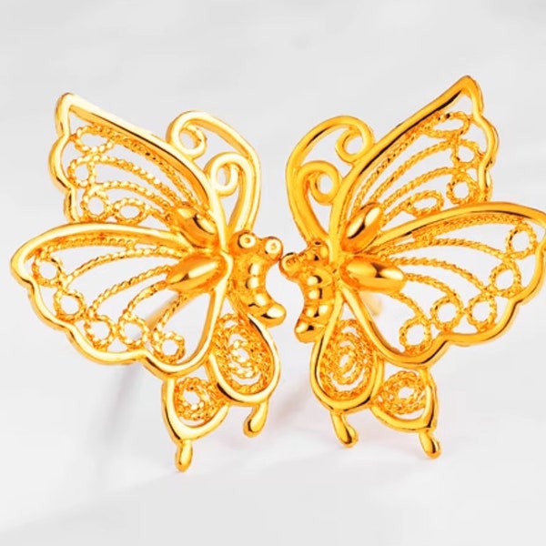 24k 999 real Gold 5G butterfly elegant Earring Dainty Charm Minimal Style Simple line threader HM