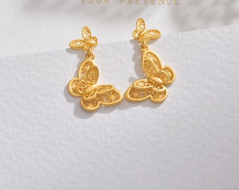 24k 99.9% 999 Solid Gold butterfly double elegant Earring Dainty Charm Minimal Style Simple line threader HM