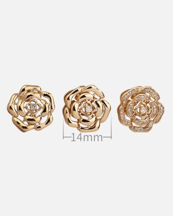 18k Real Gold Romantic Camellia Hollow Diamond Rose Stud