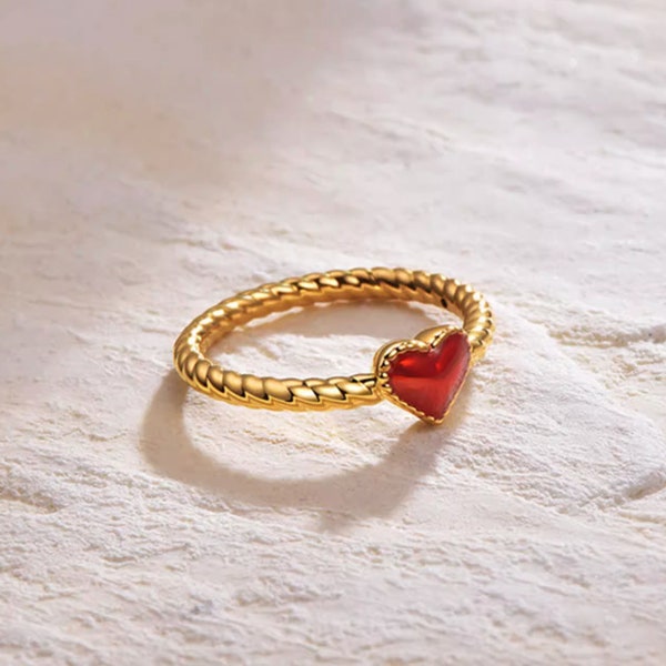 24k Solid Real Gold 5D Love Heart ring Dainty Minimal Style Simple proposal wedding Bride HM