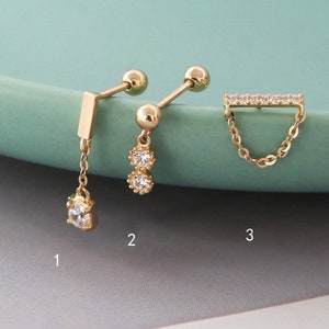 10k solid gold screw back bar crystal mini Stud earring Dainty chic minimalist simple minimal T