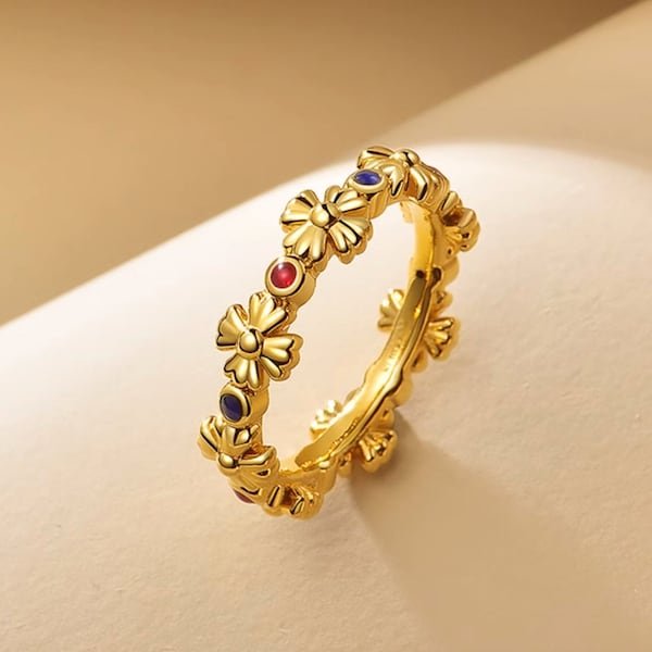 24k Real Gold 5D Enamel daisy flowers cross ring elegant vintage style proposal wedding Bride HM