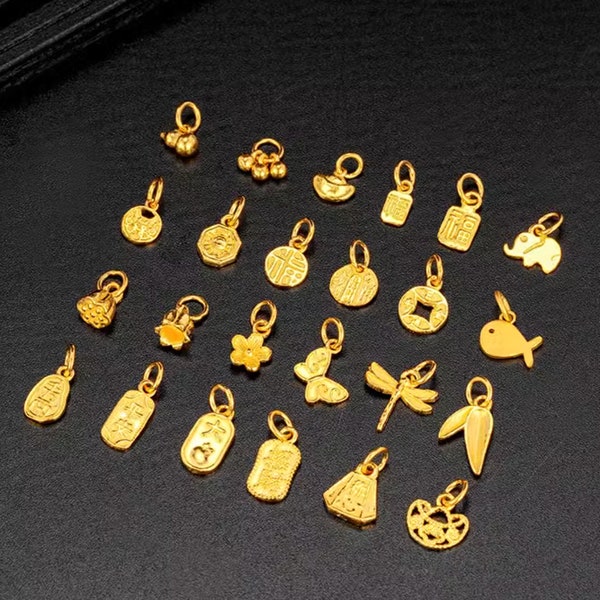24k 999 Solid Gold luck Chinese blessing beads pendant DIY Separation Spacer beads charm supply accessories link Minimal Style Simple  XJG