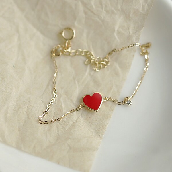 CLEARANCE IN STOCK 14k solid gold Red Heart charm bracelet Dainty minimalist jewelry chic cute