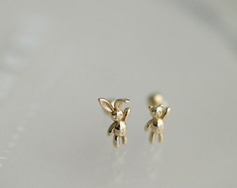 9K solid gold screw back bunny bear Stud earring Dainty chic minimalist simple minimal gift K