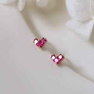 9K solid gold unique Heart pink crystal dainty mini minimal simple style chic earring girls cute