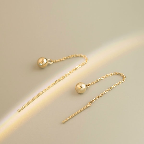 14k solid gold round dangle drop threader earring Dainty chic minimalist simple minimal kids cute girls  YZ