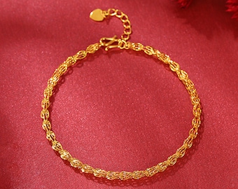 24k Full Solid Gold Link Bracelet simple bridesmaid bride wedding gift lucky D