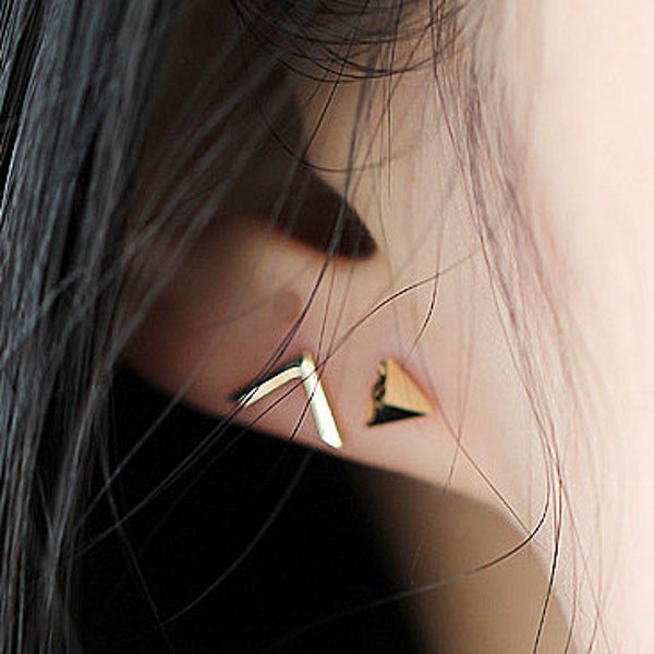 CLEARANCE IN STOCK 14k pyramid triangle V shape solid gold earring stud Dainty minimalist plate two styles jewelry