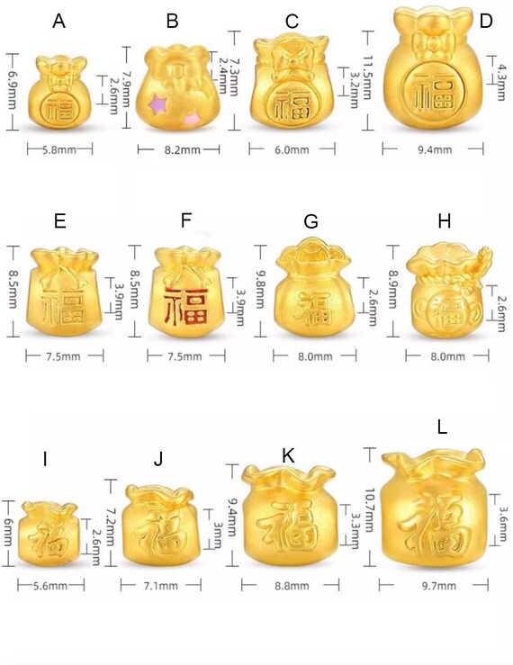 24k Real Gold 3D Luck Lucky Bag Money Rich Chinese Font Fu Bead 