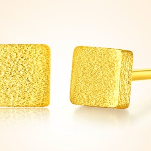 24k 99.9% 999 Solid Gold Mini Stud cube square Earring Dainty Charm Minimal Style Simple line threader D image 2