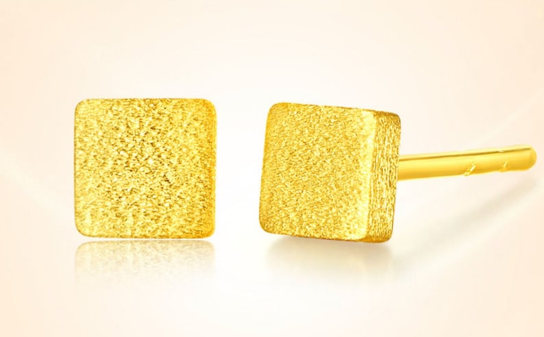 24k 99.9% 999 Solid Gold Mini Stud cube square Earring Dainty Charm Minimal Style Simple line threader D image 2