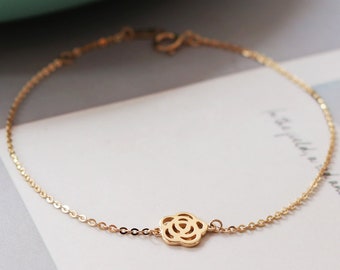 14K Solid Gold camellia flower summer Bracelet Jewelry Minimal Simple Style Minimalist T