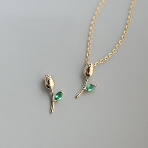 14K solid gold unique tulip flower green crystal dainty mini pendant charm women minimal simple style chic