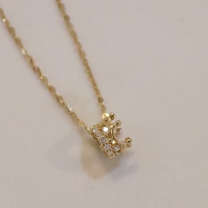 14K solid gold unique love crown queen crystal dainty mini pendant charm women minimal simple style chic