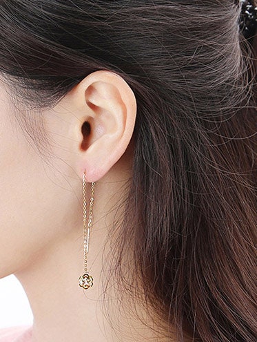 18k Solid Gold Flower Threader Chain Dangle Drop Lace Cut - Etsy